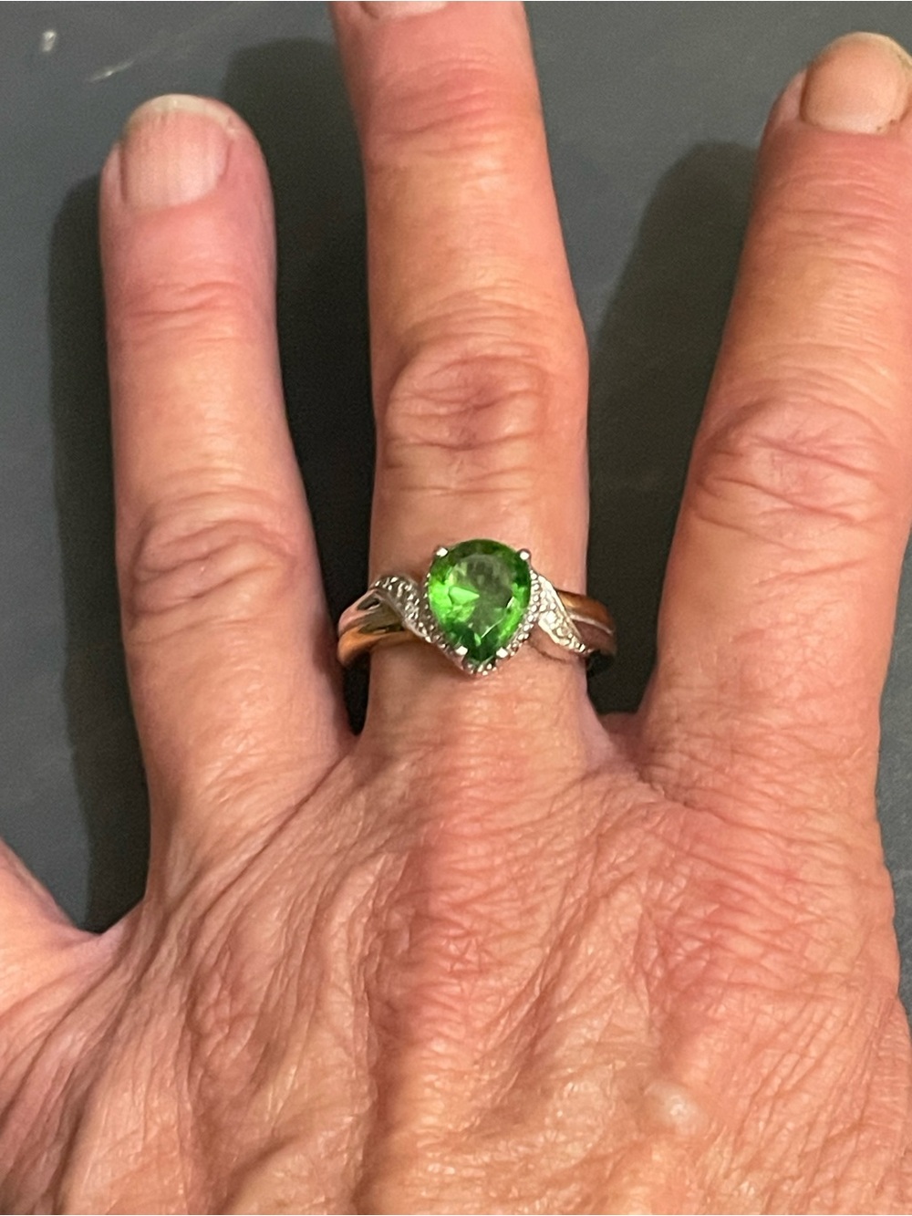 Sterling Silver Green Teardrop Gemstone Ring with Diamond Accents